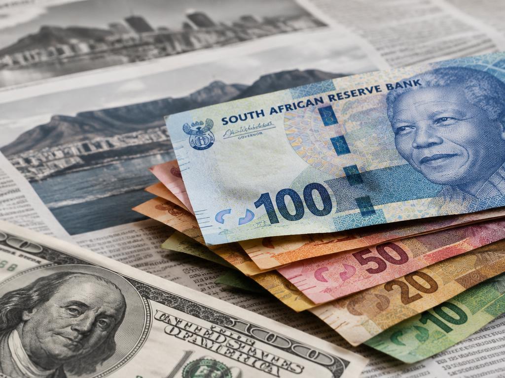 Rand- en dollarbanknote op ’n koerant