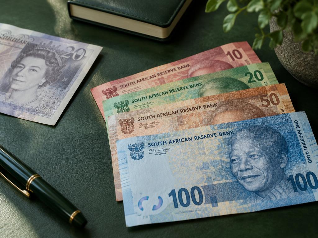 Rand- en pondbanknote op ’n groen lessenaar