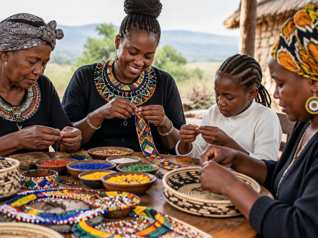’n Suid-Afrikaanse familie maak tradisionele kralewerk