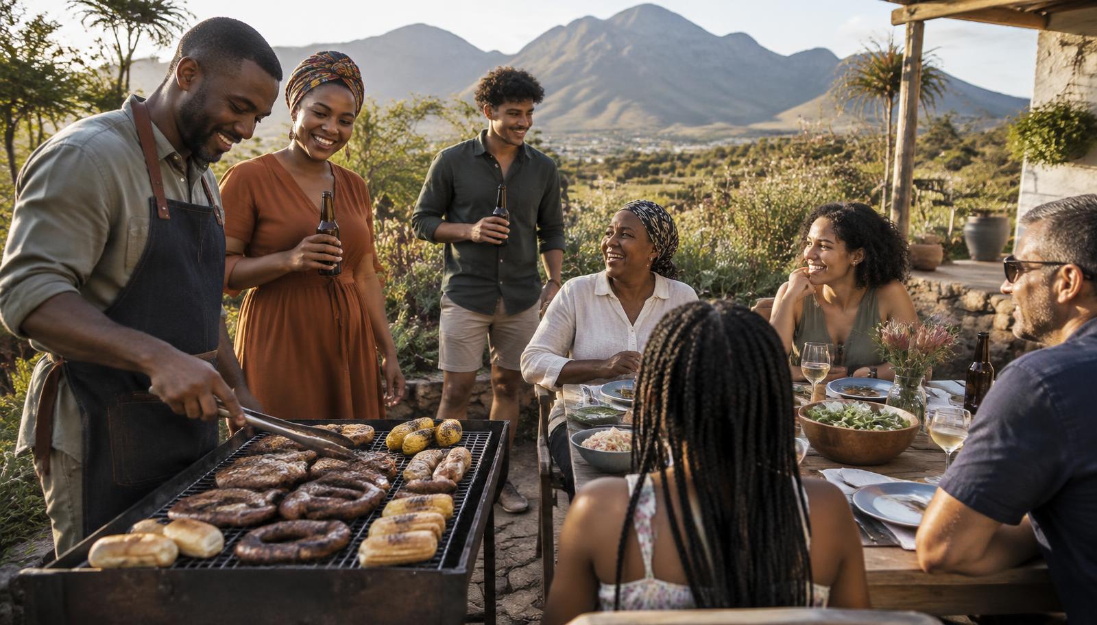 Suid-Afrikaanse familie en vriende kuier saam om ’n braai
